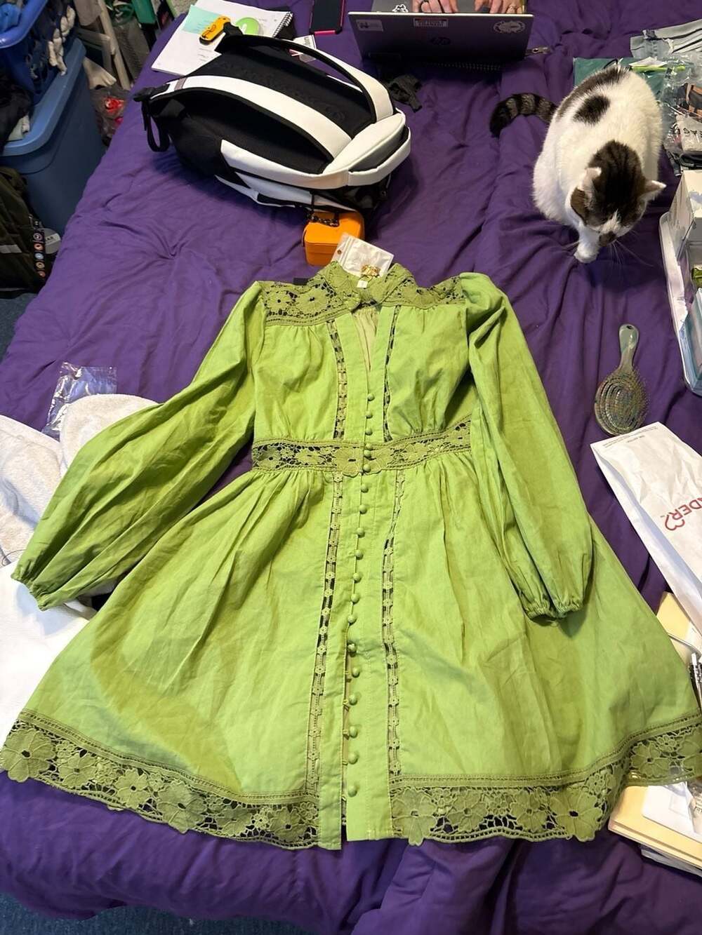 LAIMENG FIVE CATS Lime Green Boho Lace Mini Dress, Size M